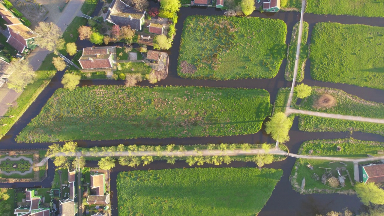 荷兰Zaanse Schans农田的鸟瞰图视频素材