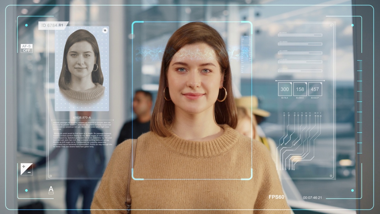 在国际机场，一名白人女性用面部识别扫描器通过自动护照边境管制。画面显示生物面部识别扫描过程。视频素材