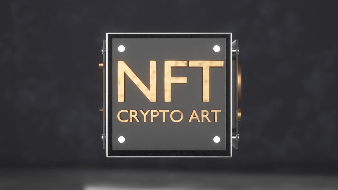 旋转抽象块标记为NFT加密艺术。NFTs不可替代的令牌数字文件支持区块链技术无缝动画。视频素材