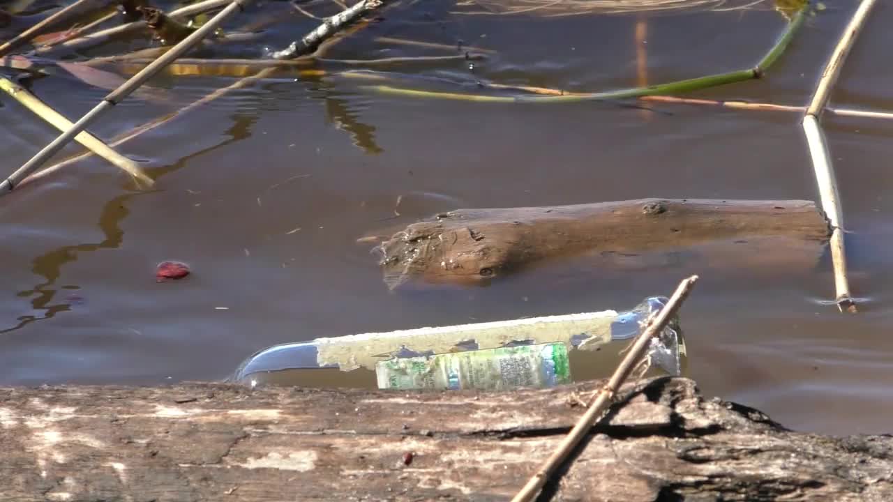 海岸线的水被垃圾污染了。视频素材