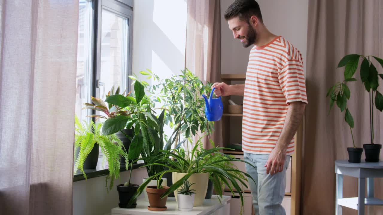 幸福微笑的男人在家里浇花视频素材