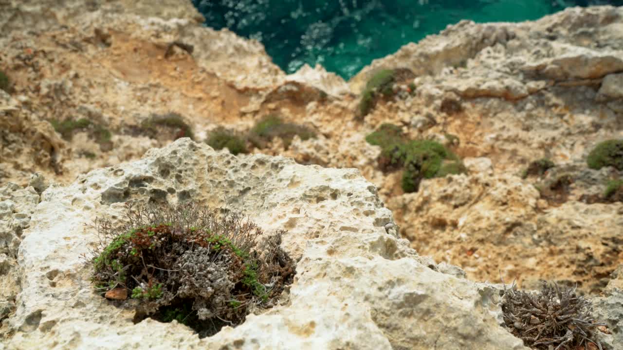 向下看岩石嶙峋的海岸，仔细观察锋利的石头，下面平静的绿色海水视频素材