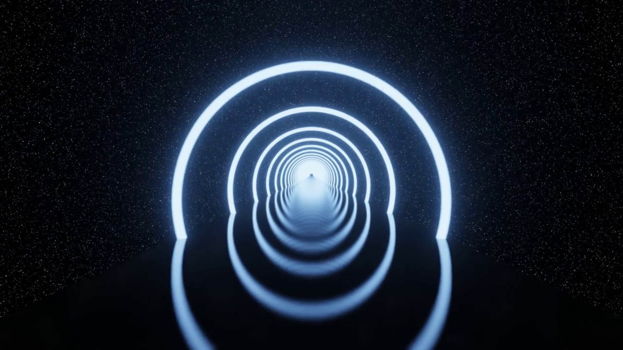 抽象的未来主义发光圆圈霓虹灯隧道星空间背景3D渲染视频下载