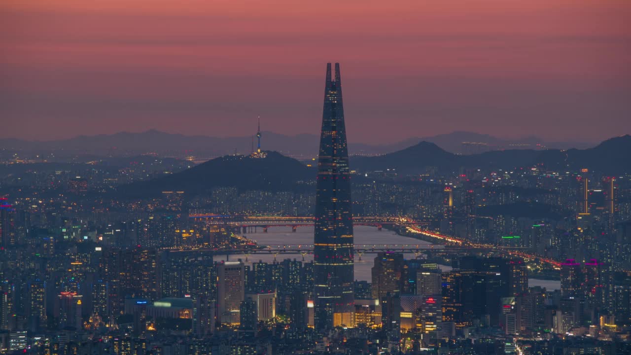 首尔，夜晚的天际线;韩国视频素材