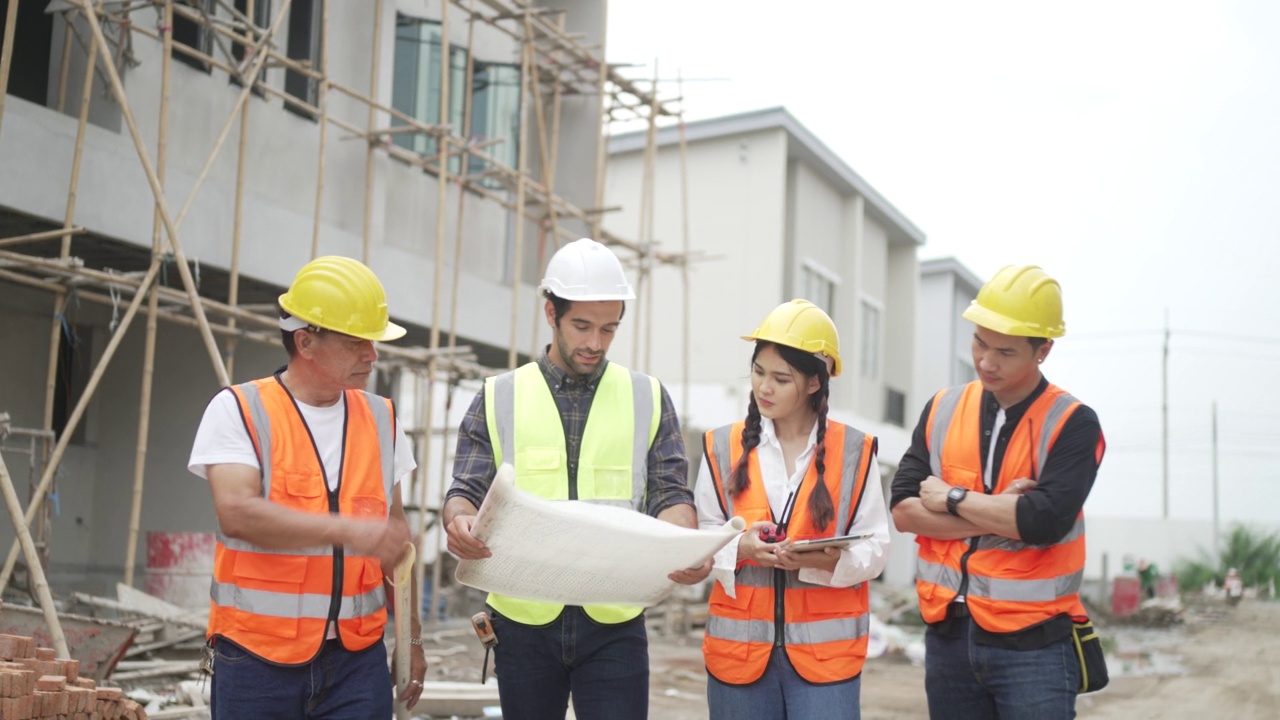 蓝领工人在建筑工地与同事一起工作。视频素材