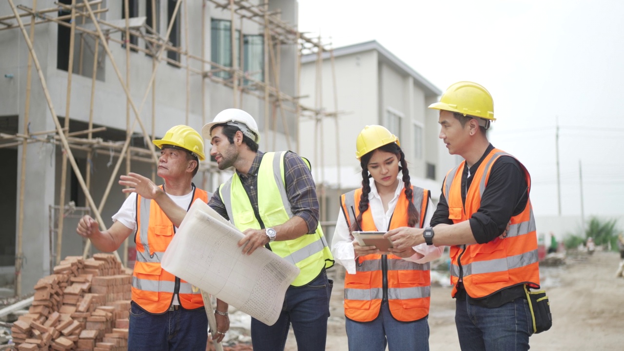 蓝领工人在建筑工地与同事一起工作。视频素材