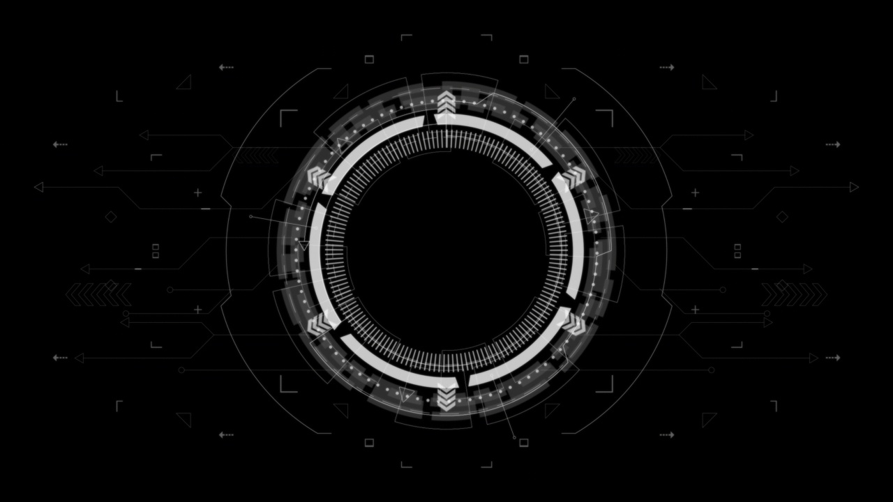 包括抬头显示(HUD UI)技术界面和未来主义元素抽象背景alpha通道的白色圆圈旋转运动图形视频素材