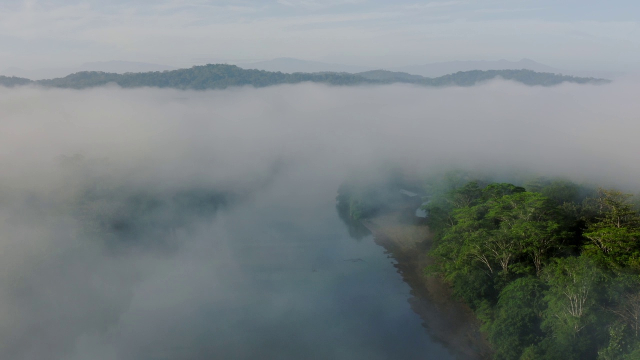 无人机的热带雨林河景观与哥斯达黎加山脉，美丽的热带丛林风景，高拍摄关于气候变化，全球变暖和保护视频素材