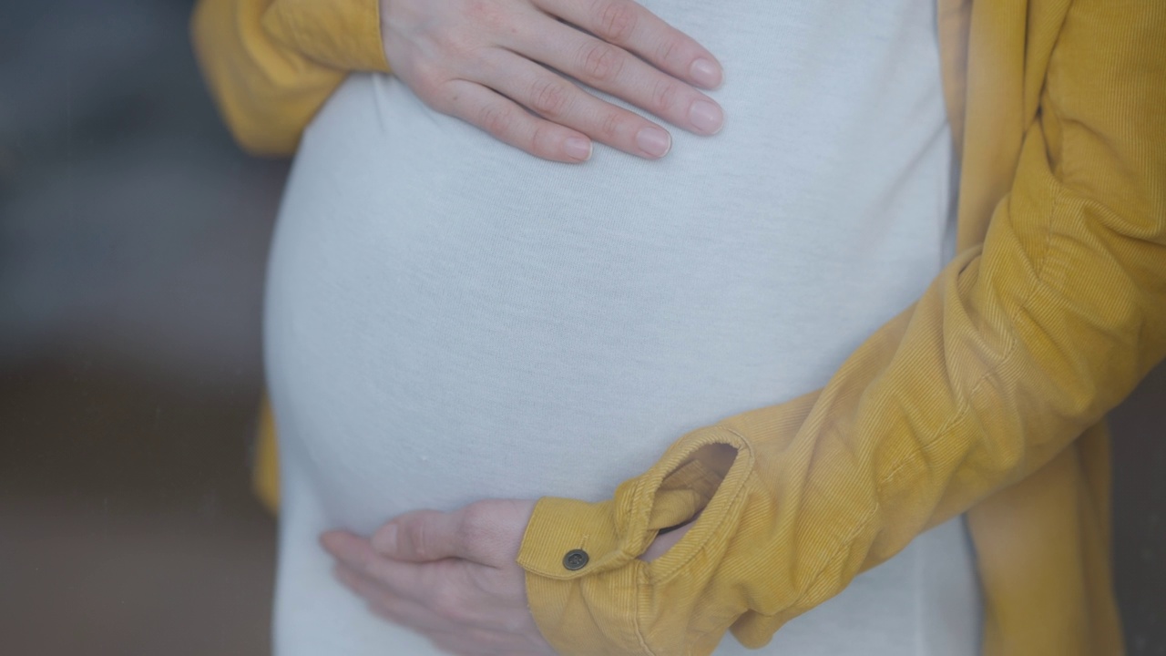 特写不明女子爱抚怀孕的肚子站在玻璃门后。年轻苗条快乐的白人孕妇抚摸肚子享受怀孕室内。视频素材