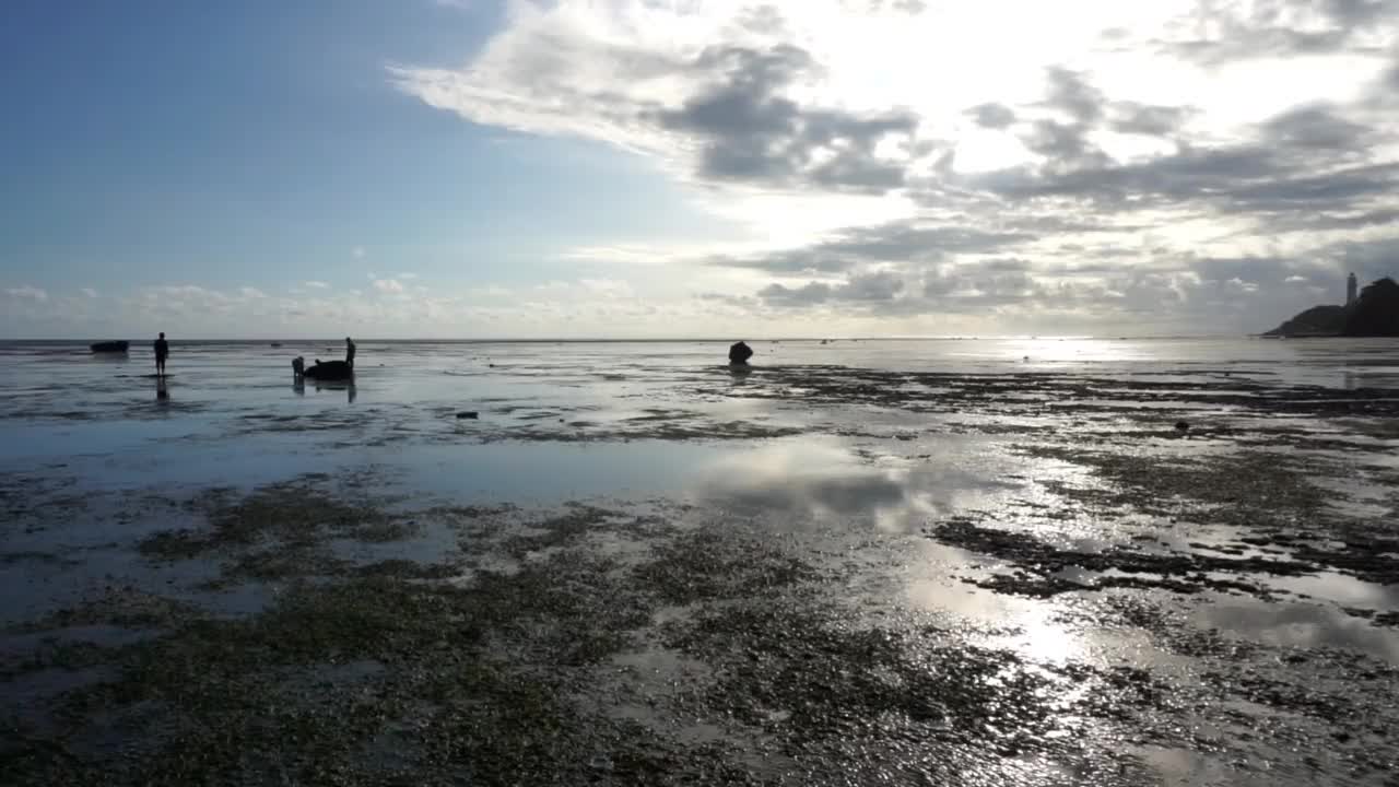 美丽的蓝天海滩景色，阳光反射在海水上，视频素材