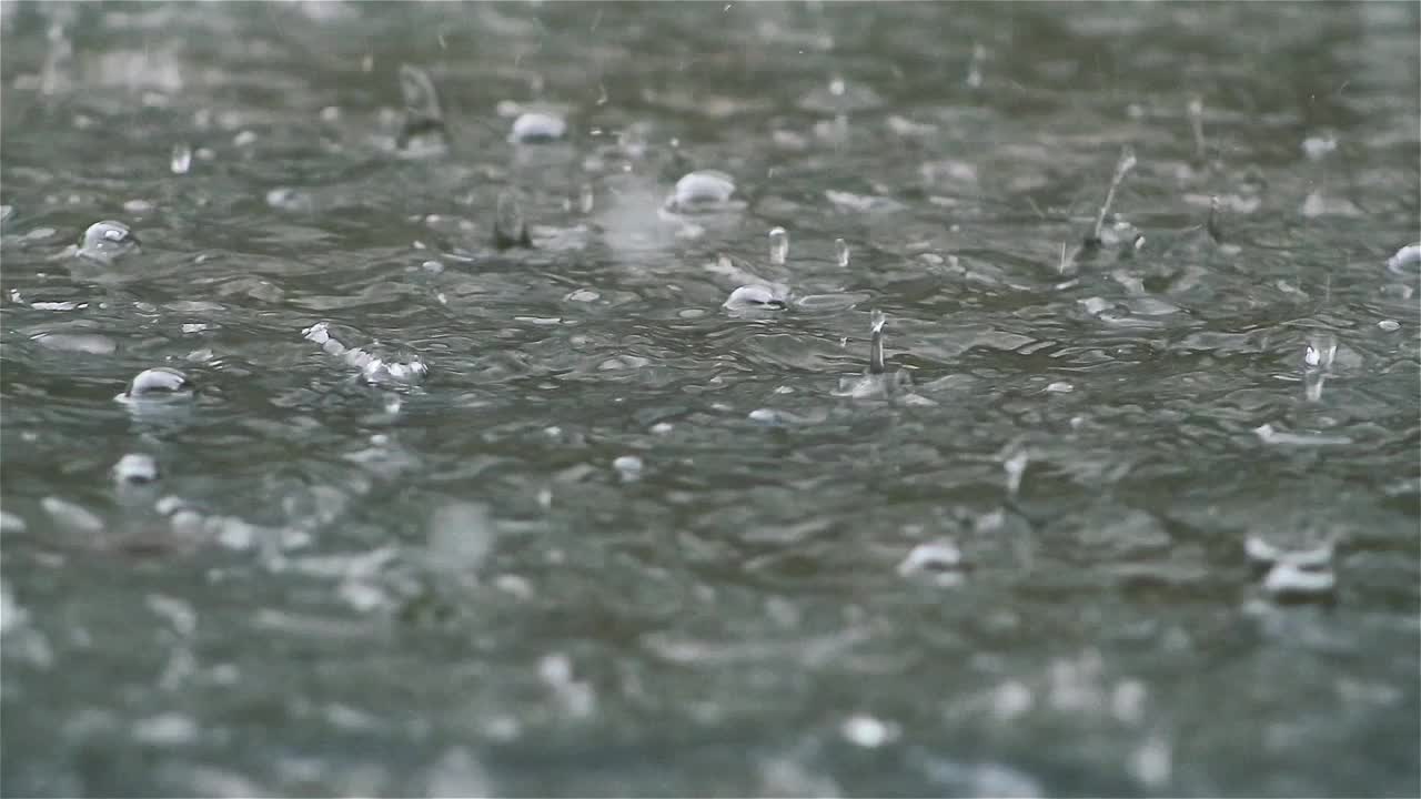 雨滴在水坑里形成小气泡，在水面上形成波浪视频素材