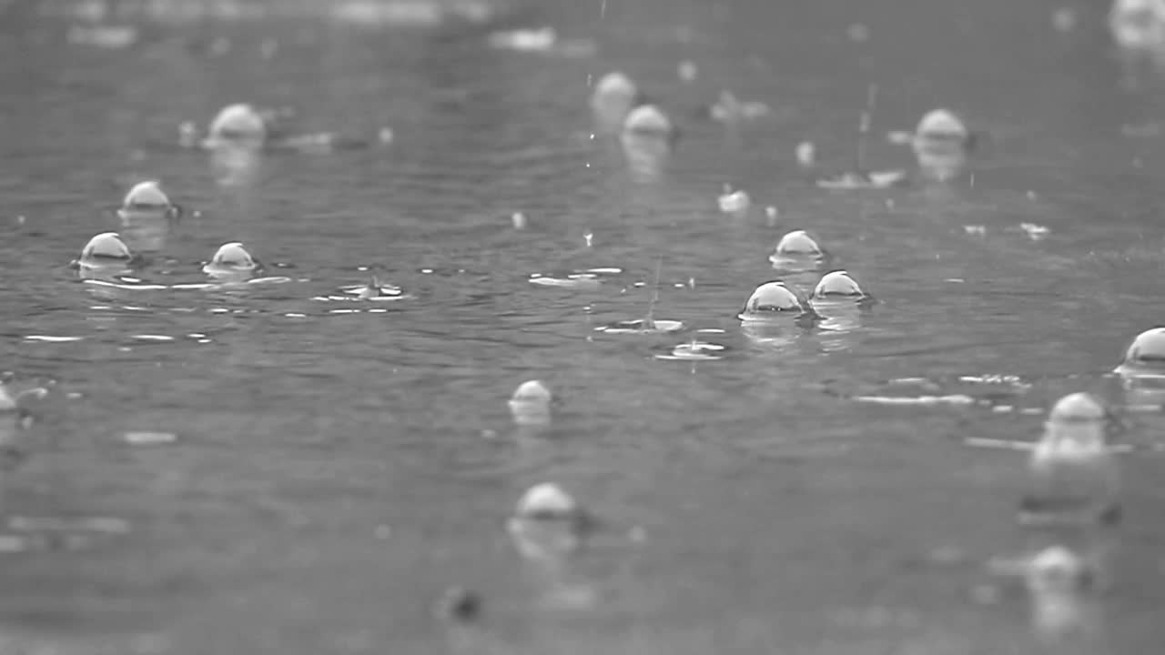 雨滴在水坑里形成小气泡，在水面上形成波浪视频素材