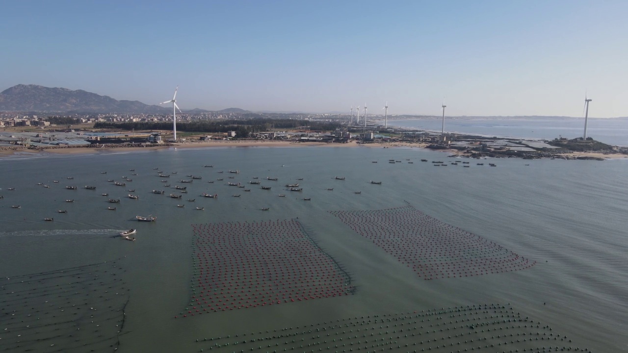 海洋农场和渔船的鸟瞰图视频视频素材