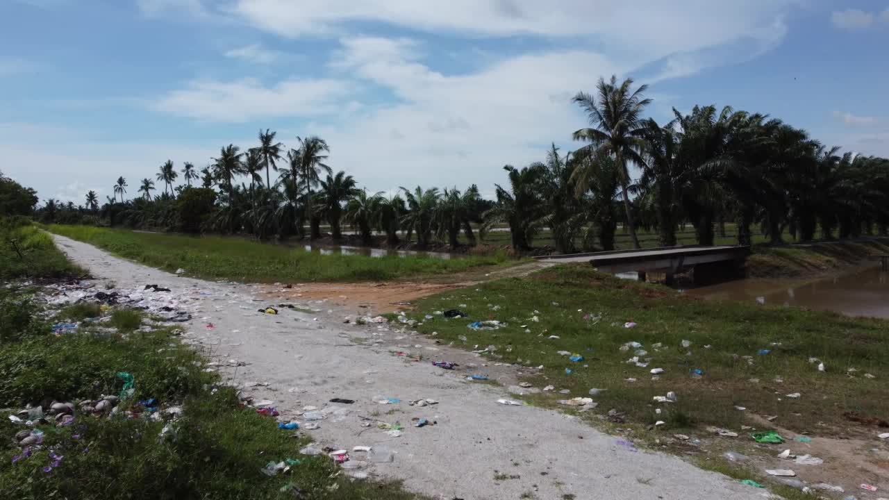 非法垃圾塑料垃圾场附近的农村道路油棕树视频素材