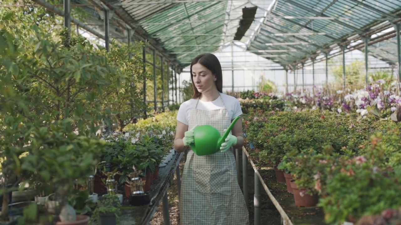 快乐的女花匠在围裙浇水室内植物和花。这个女孩在温室里照料室内植物。照顾花视频素材