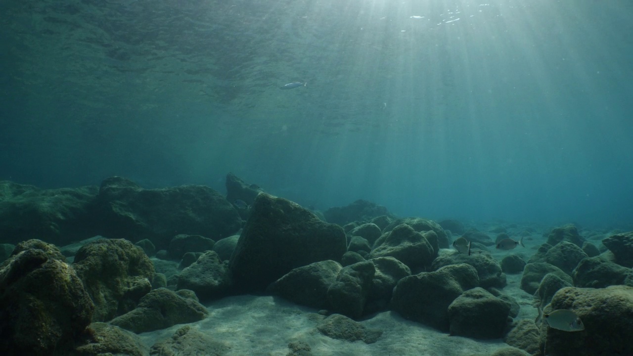 波涛汹涌的水，海浪，海浪，水下的海浪打在岩石上，使泡沫的海面上的海洋风景背景视频素材