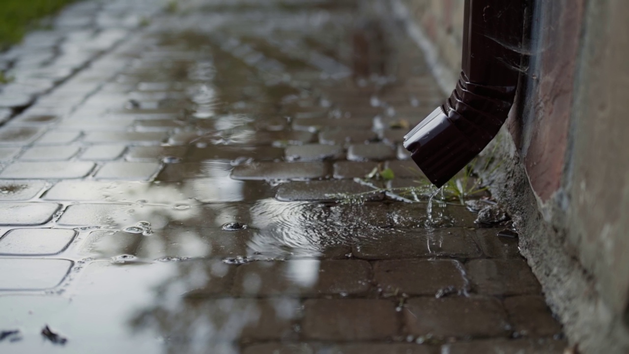 雨水从房子附近的排水管倾泻到瓷砖走道上，特写。视频素材