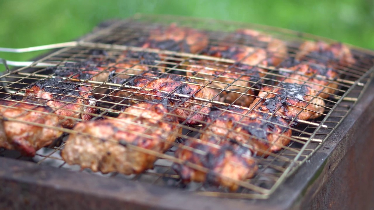 烤肉架上的烤肉特写。在大自然中休息和烧烤视频素材