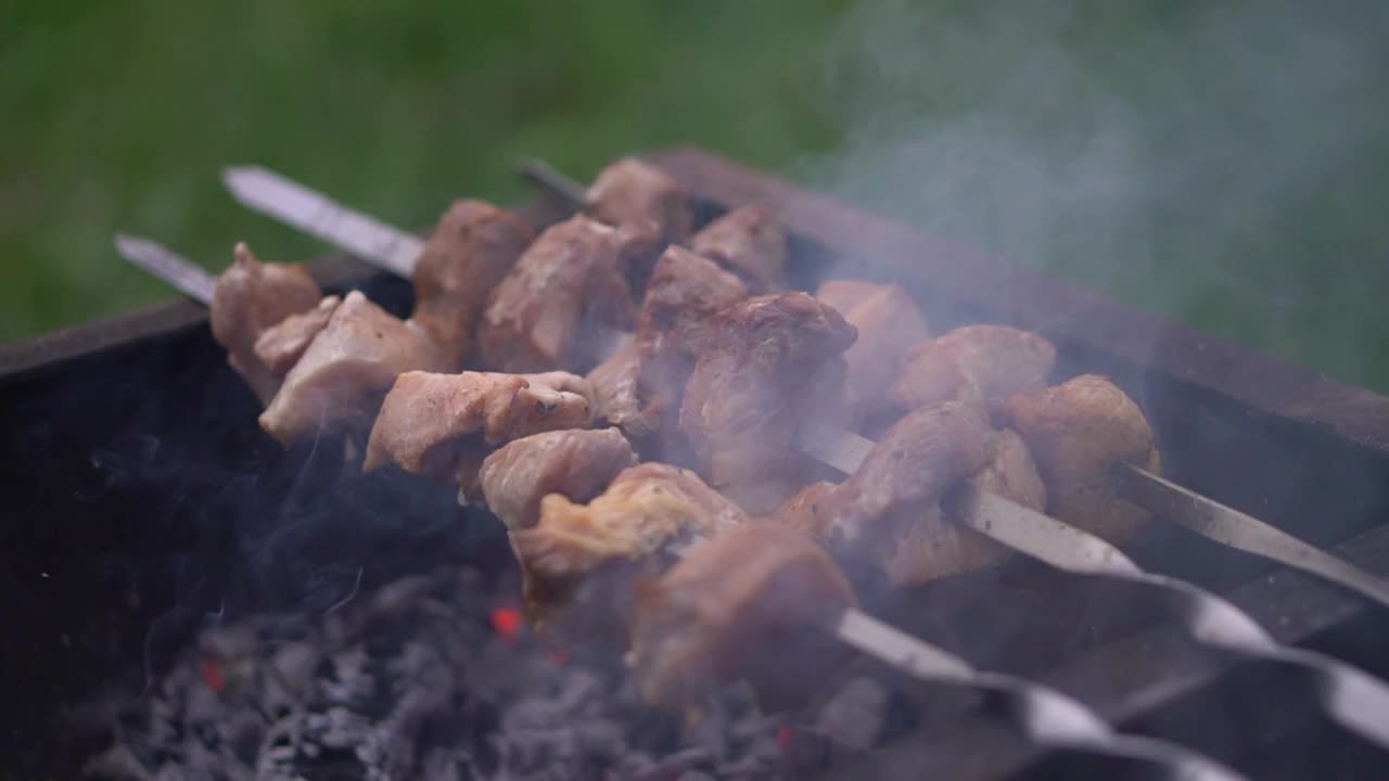 烤肉架上的烤肉特写。在大自然中休息和烧烤视频素材