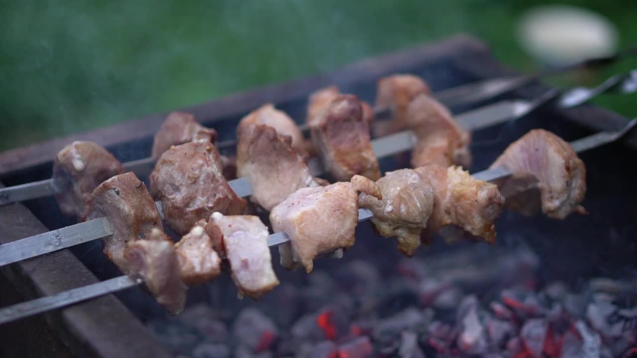 烤肉架上的烤肉特写。在大自然中休息和烧烤视频下载