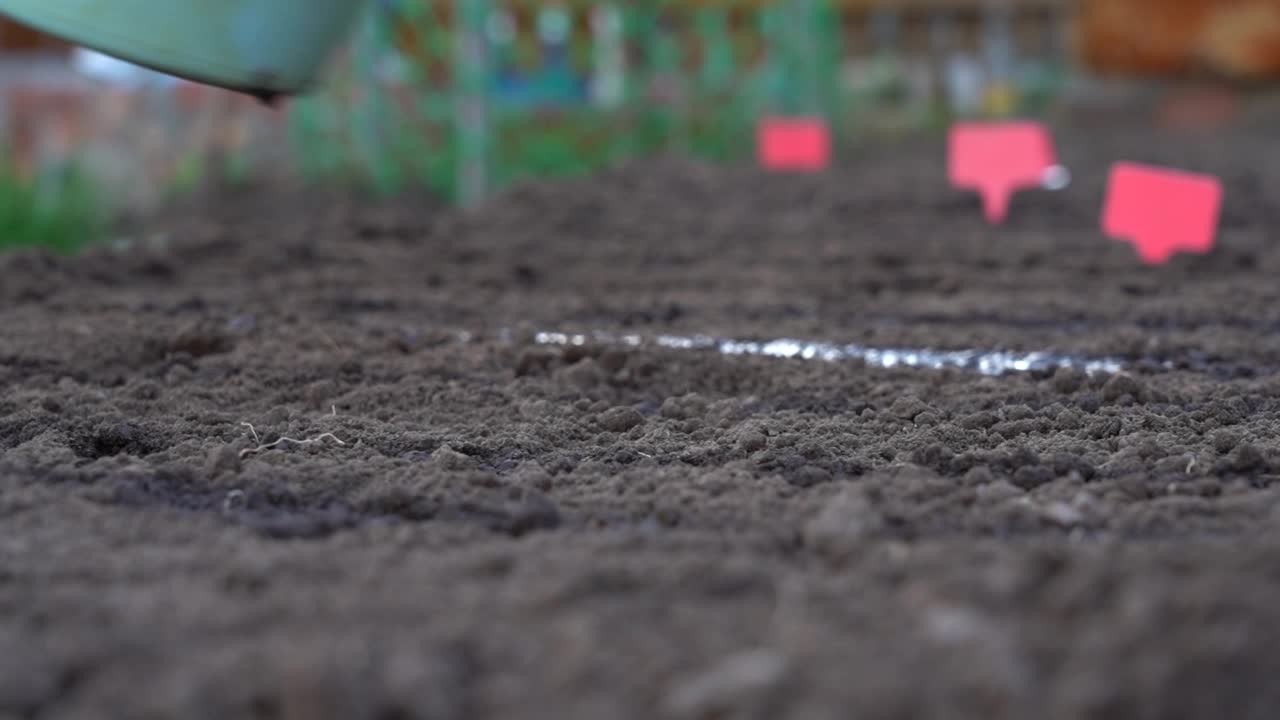 水从一个小型手持式花园喷壶倒进干燥的土壤。播种前先灌溉土壤。特写镜头。视频素材