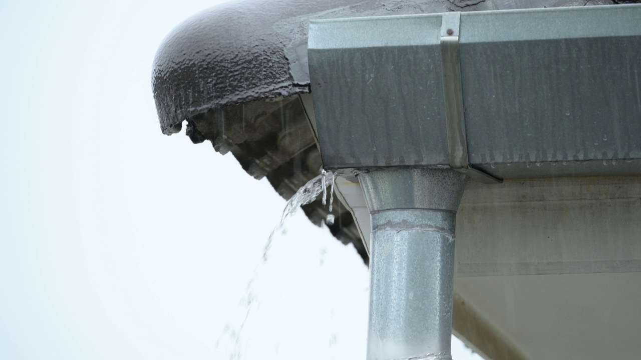 雨季，大雨滂沱，雨水倾泻在天沟屋顶的房子上视频素材