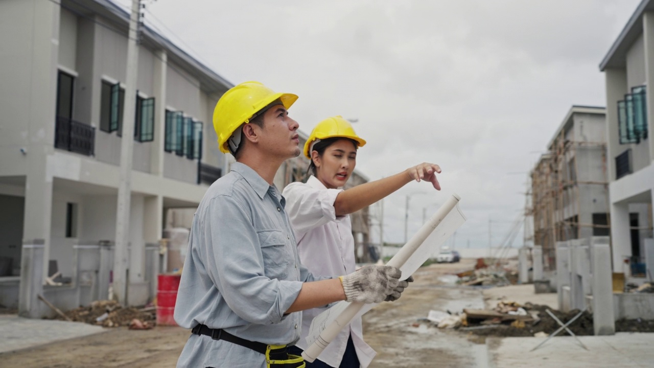 年轻的建筑师夫妇在住宅建筑工地讨论和观看蓝图。视频素材