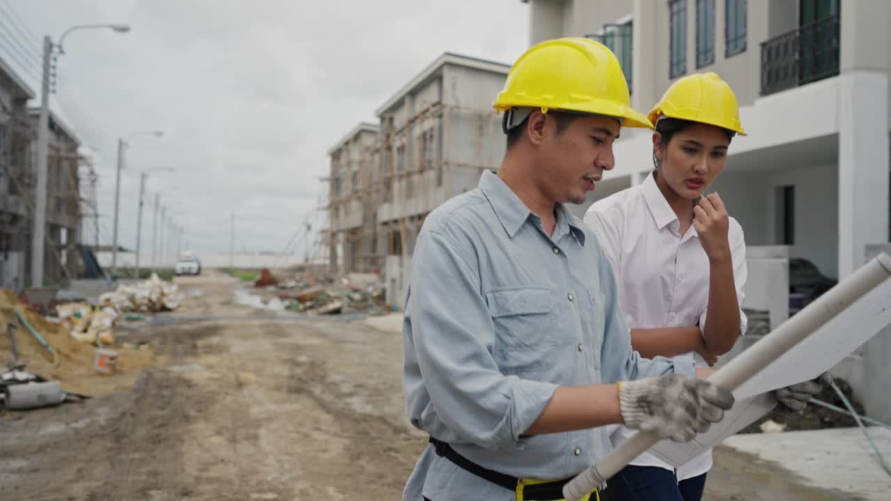 年轻的建筑师夫妇在住宅建筑工地讨论和观看蓝图。视频素材