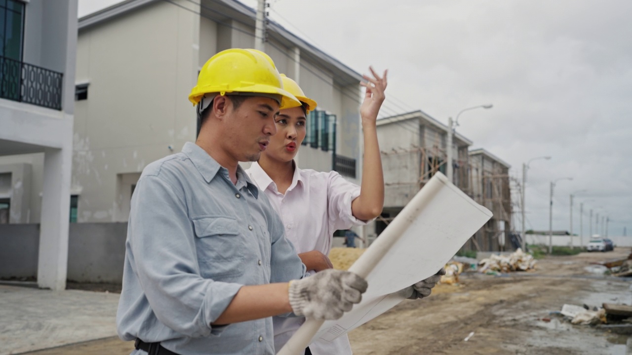 年轻的建筑师夫妇在住宅建筑工地讨论和观看蓝图。视频素材