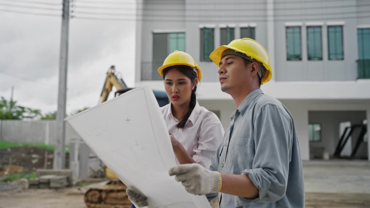 年轻的建筑师夫妇在住宅建筑工地讨论和观看蓝图。视频素材