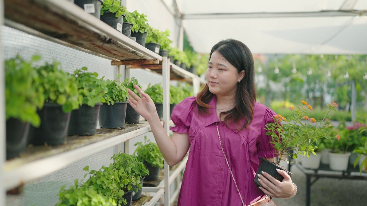 亚洲女性顾客在花园商店购买绿色植物，一位年轻女士在花卉市场选择观赏植物，家居和花园概念。视频素材