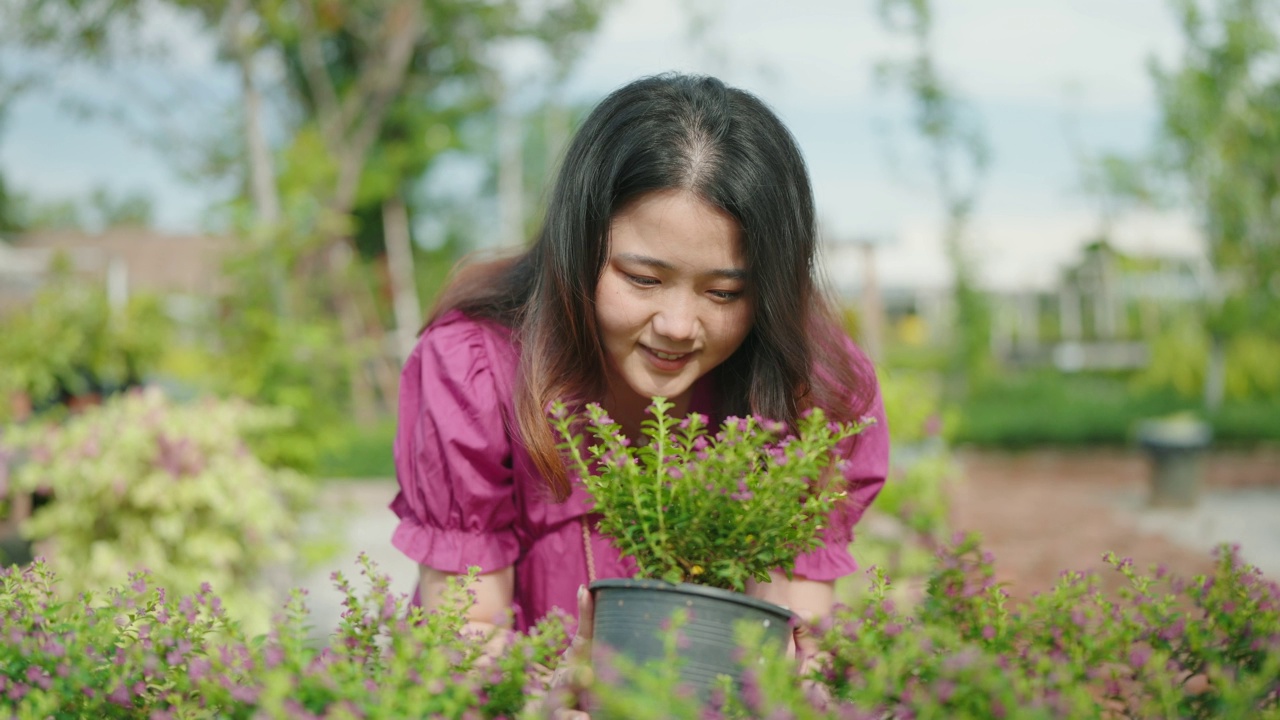 亚洲女性顾客在花园商店购买绿色植物，一位年轻女士在花卉市场选择观赏植物，家居和花园概念。视频素材