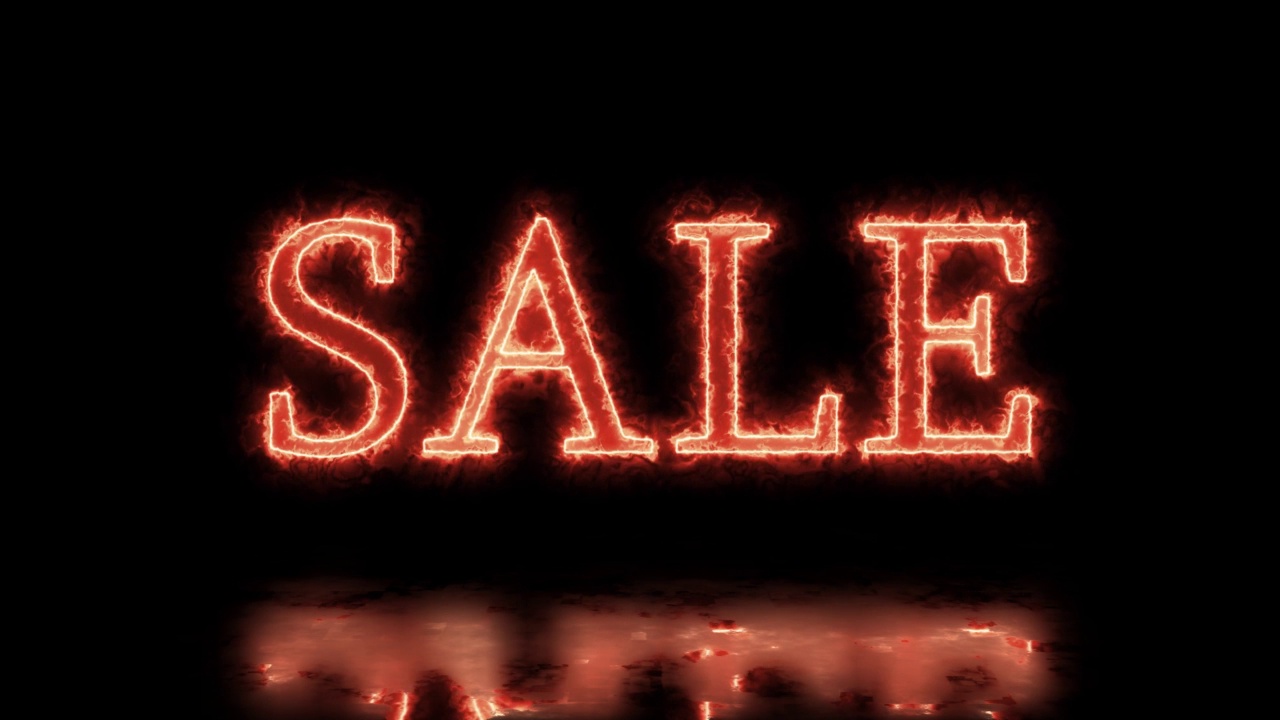 Sale Fire Text With Yellow Orange Neon Light On Black. 4K视频。视频素材