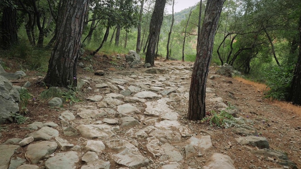 在阳光明媚的夏日，在布满石头的土路上爬山。空旷的山路上到处是石头和石头。在有石头的狭窄土路上登山。积极的生活方式视频素材