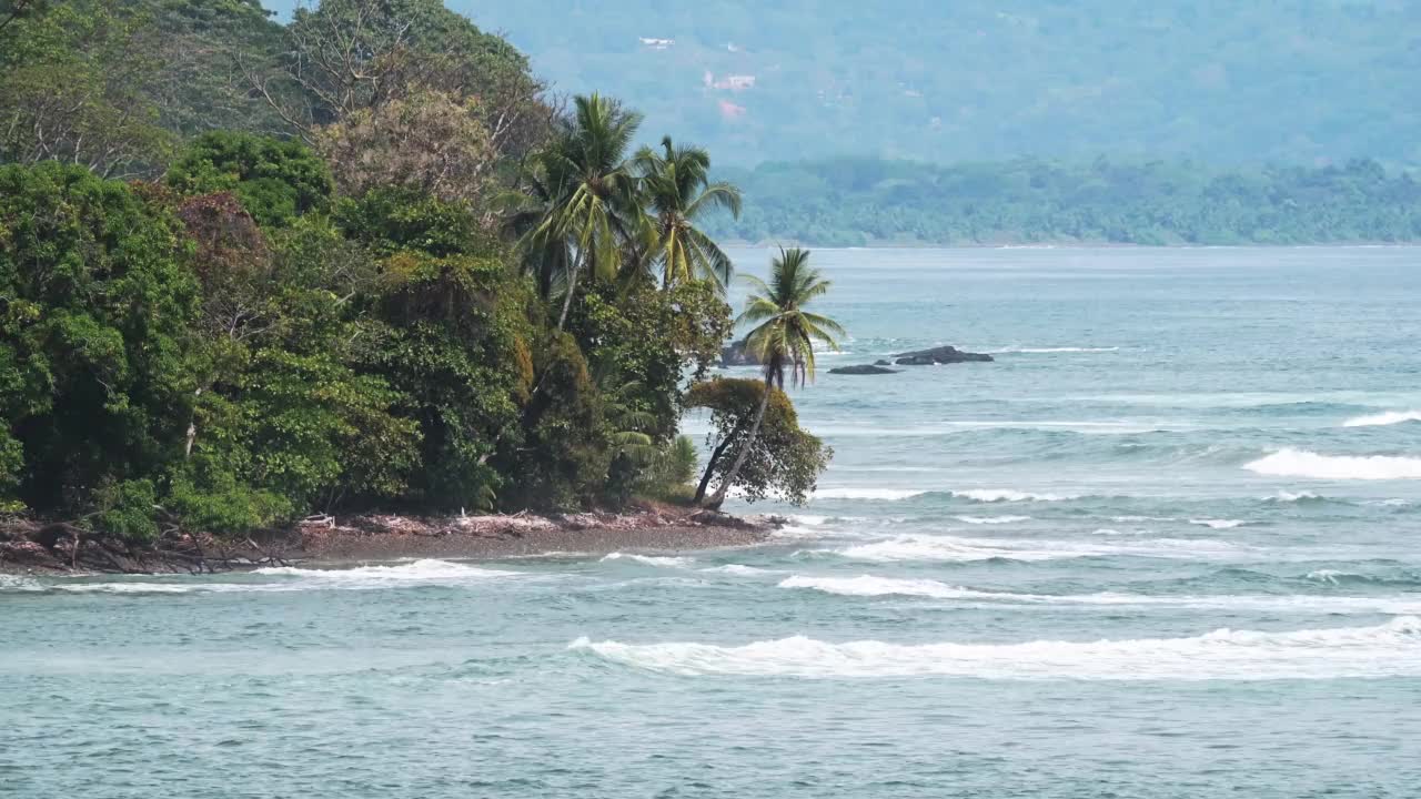 哥斯达黎加的太平洋海岸景观，无人机拍摄的太平洋海浪和热带雨林海景和棕榈树在Ballena海洋国家公园(又名鲸鱼尾巴)视频素材