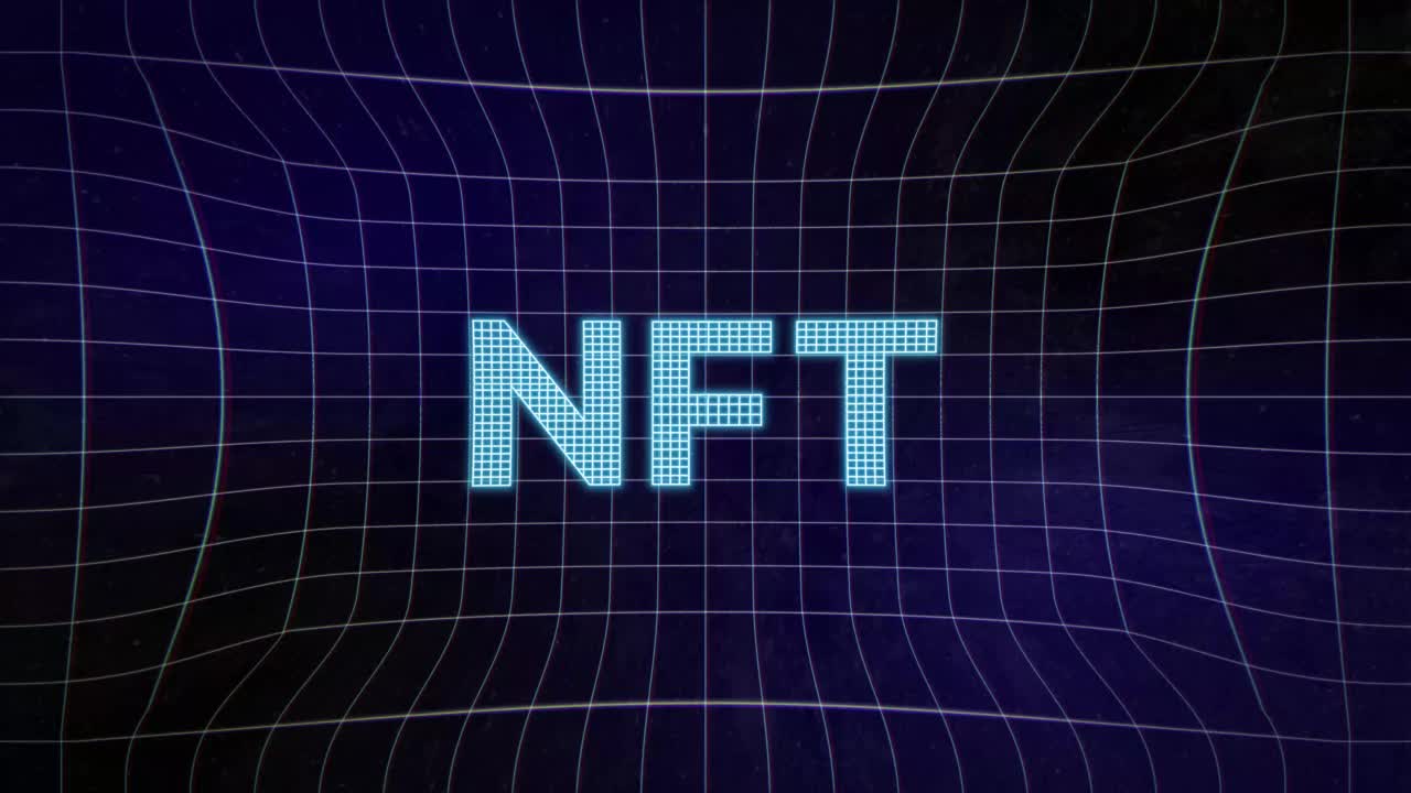 全息霓虹灯NFT铭文在未来网格背景动画。NFT元宇宙概念视频素材