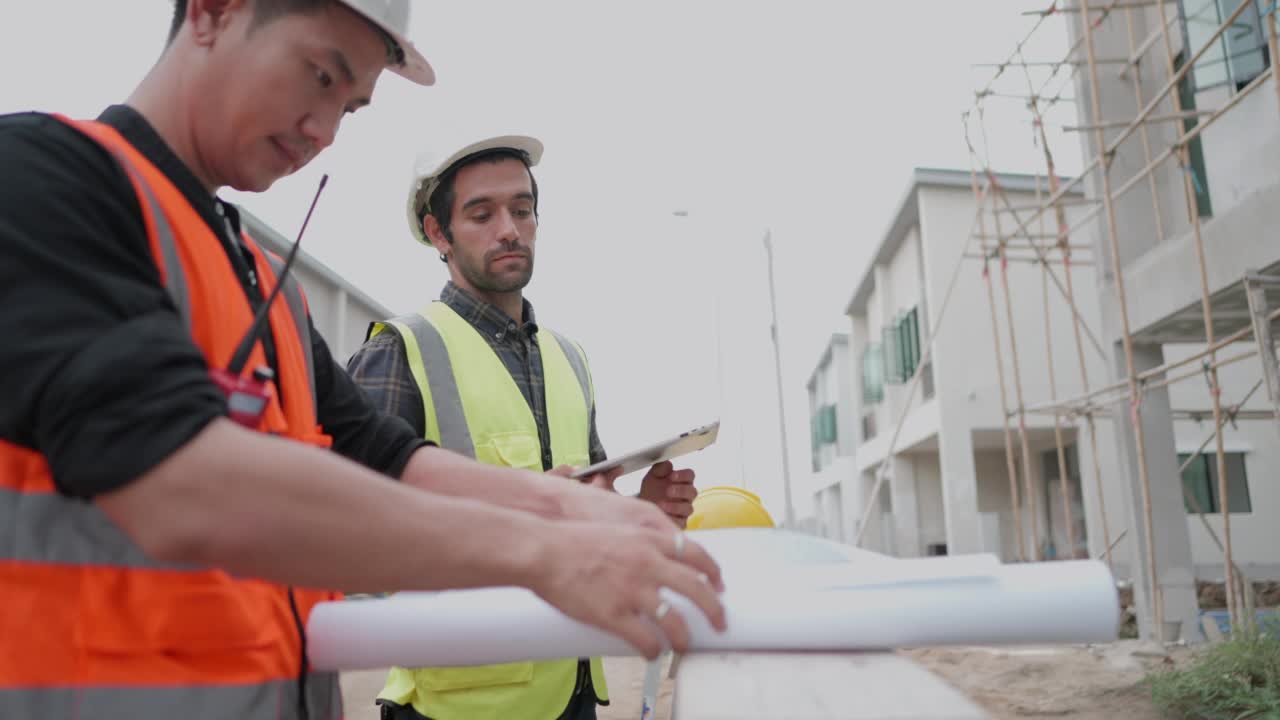 专业土木工程师或建筑设计师在住宅项目施工现场与领班讨论蓝图中的房屋模型。承包商团队在房地产业务安全统一工作。视频素材