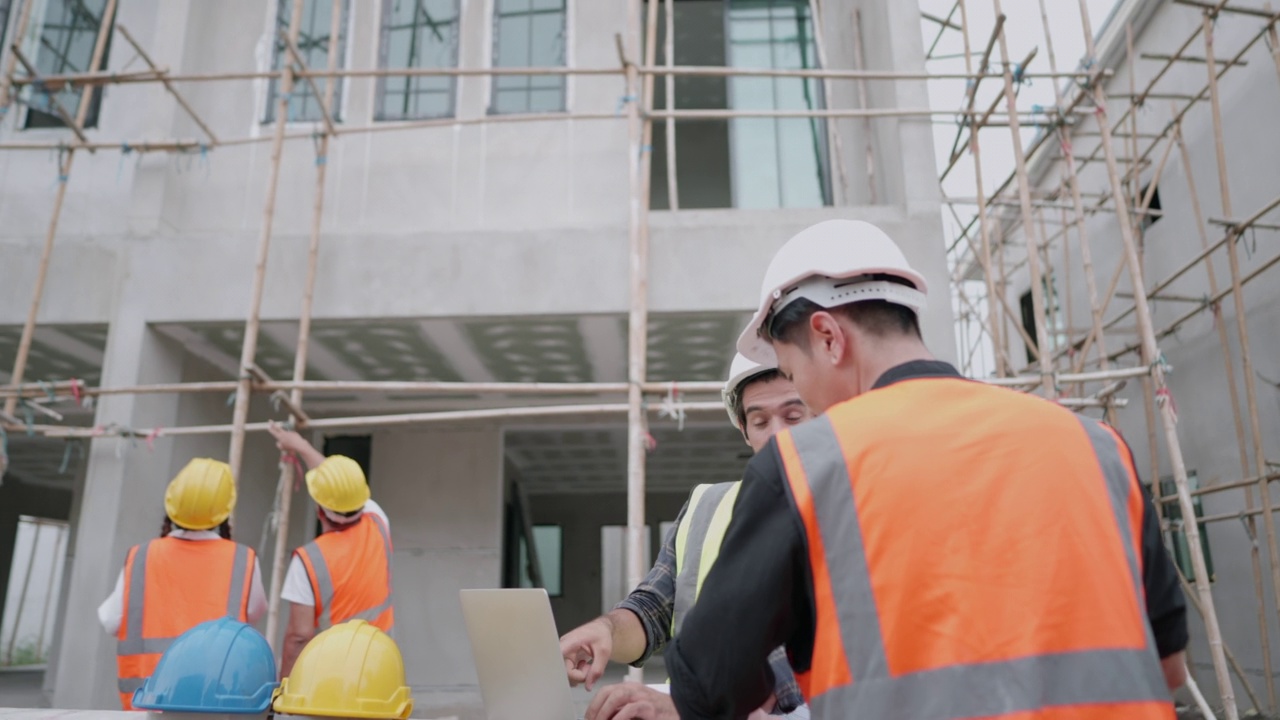 白人男性建筑师或土木工程师与管工谈论房屋工程的房屋建设进度。多民族专业承包队伍在房屋施工现场工作。视频素材