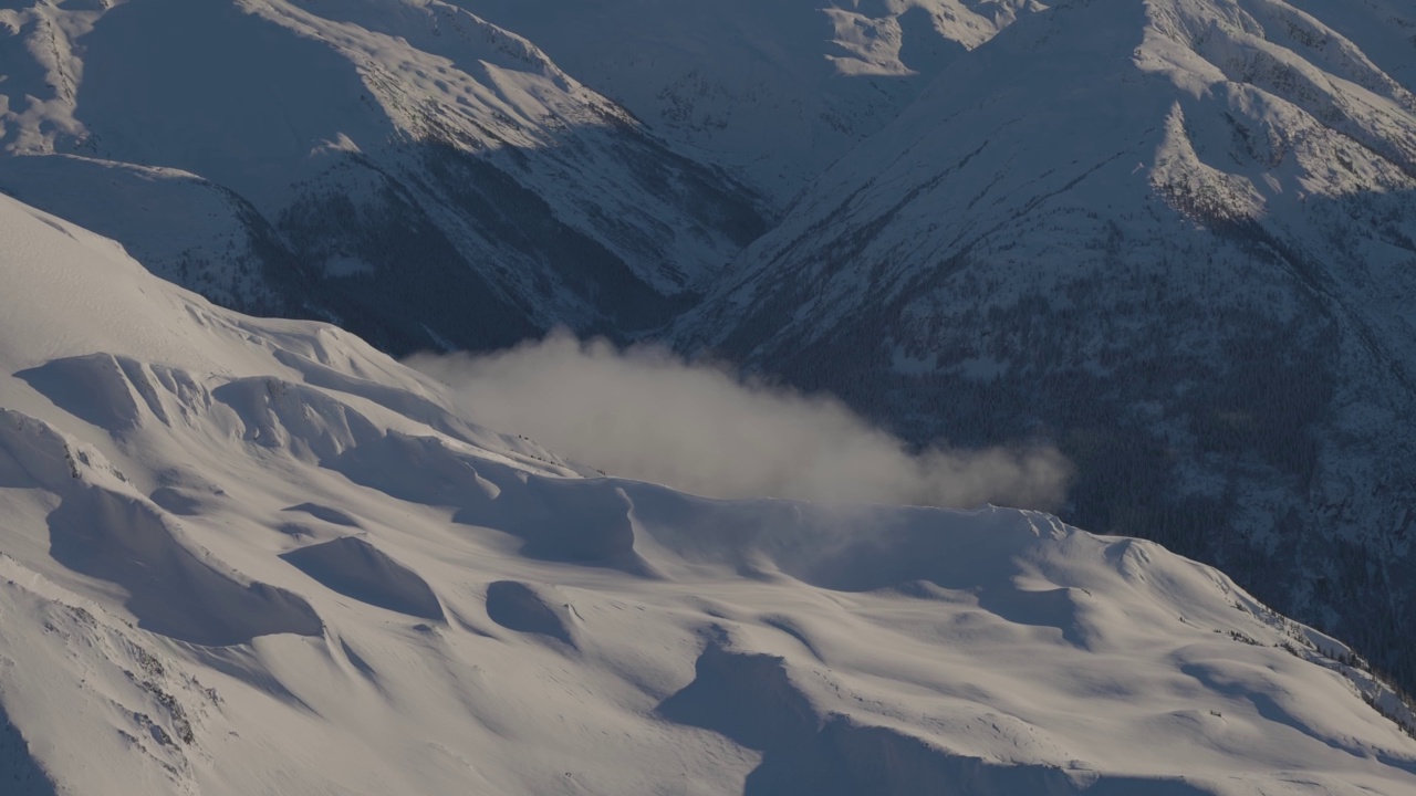 在阳光明媚的冬季，加拿大山被雪覆盖的空中全景视频素材