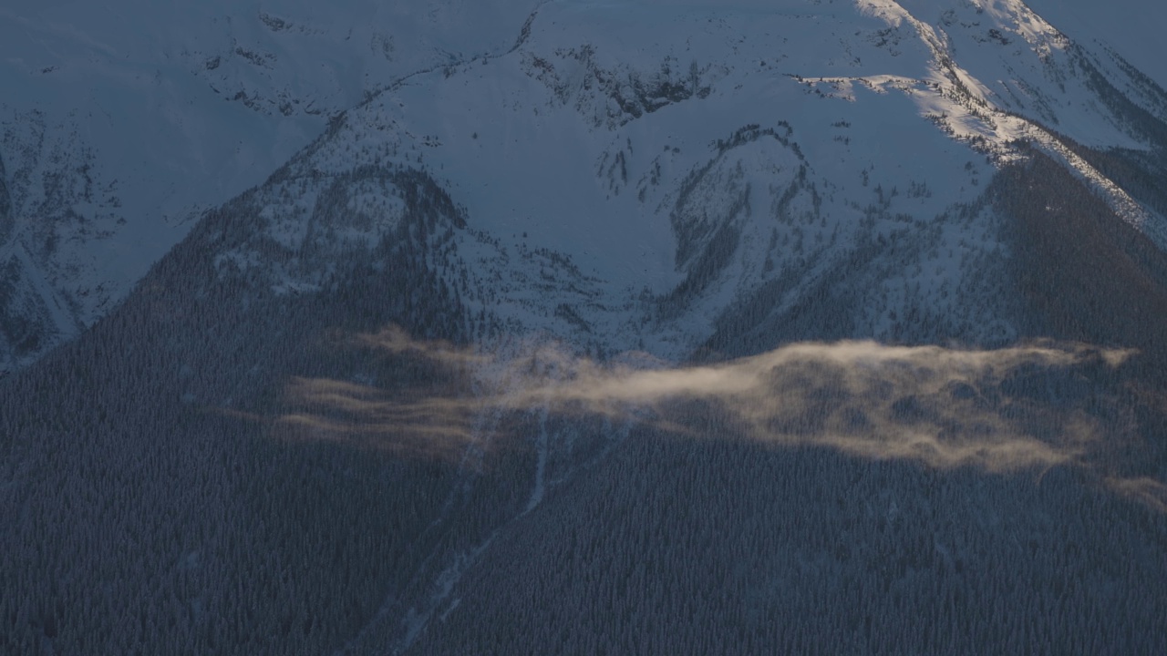 在阳光明媚的冬季，加拿大山被雪覆盖的空中全景视频素材