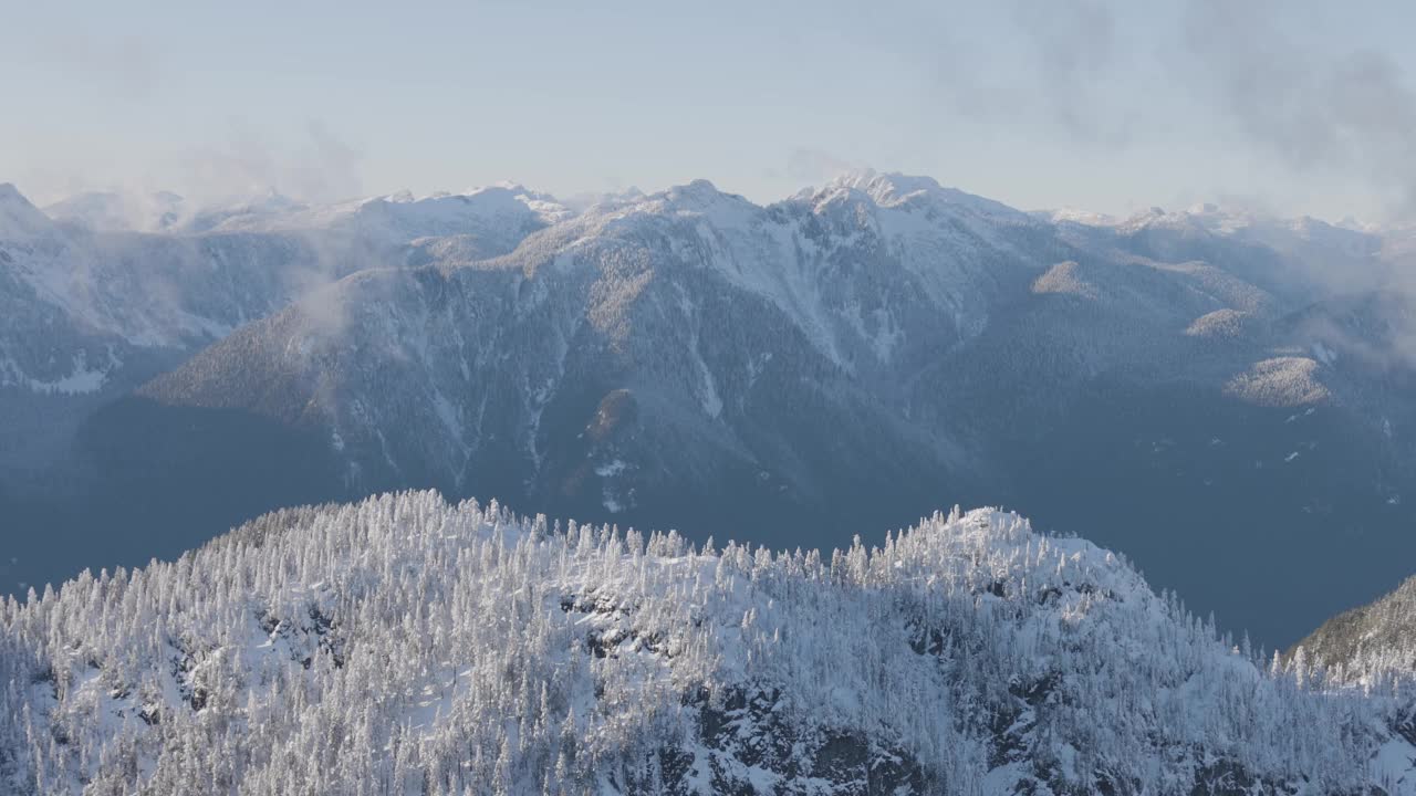 在阳光明媚的冬季，加拿大山被雪覆盖的空中全景视频素材