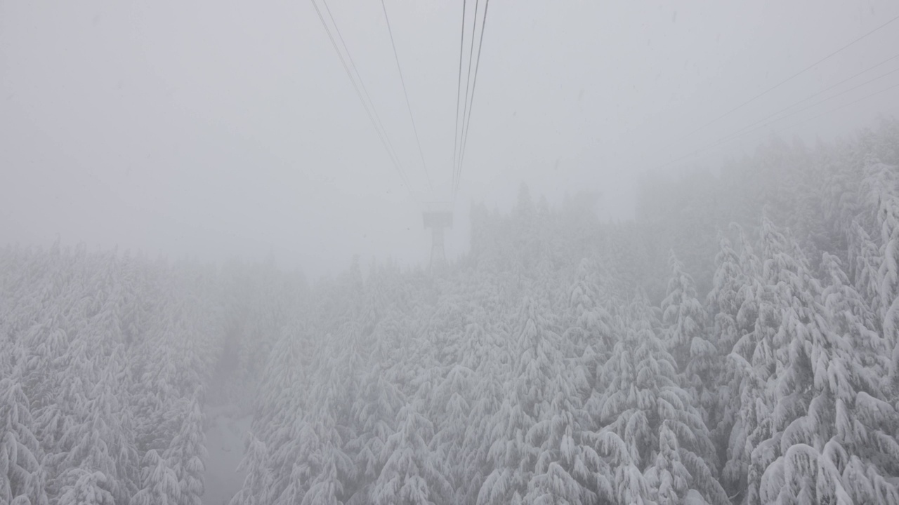 鸟瞰缆车塔，俯瞰白雪覆盖的常青树和岩石峭壁视频素材