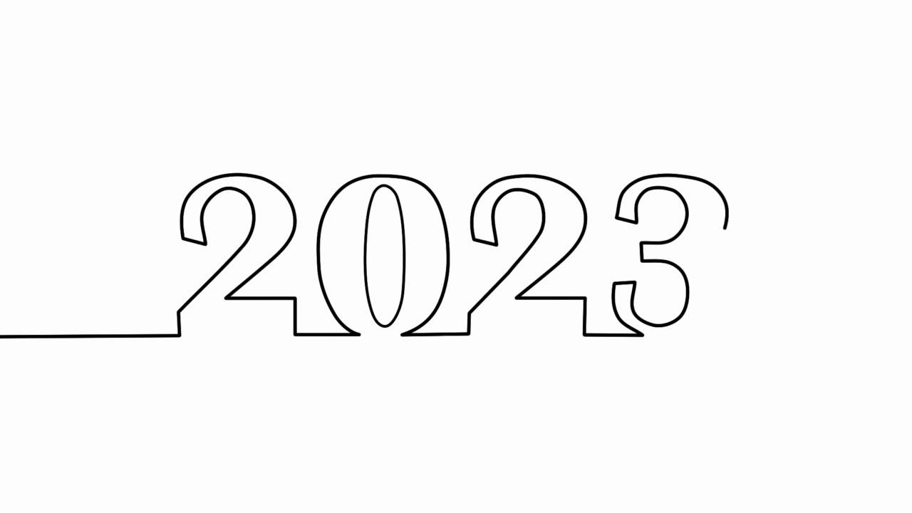 出现文字2023连续单线绘图。黑色轮廓数字在白色背景视频素材