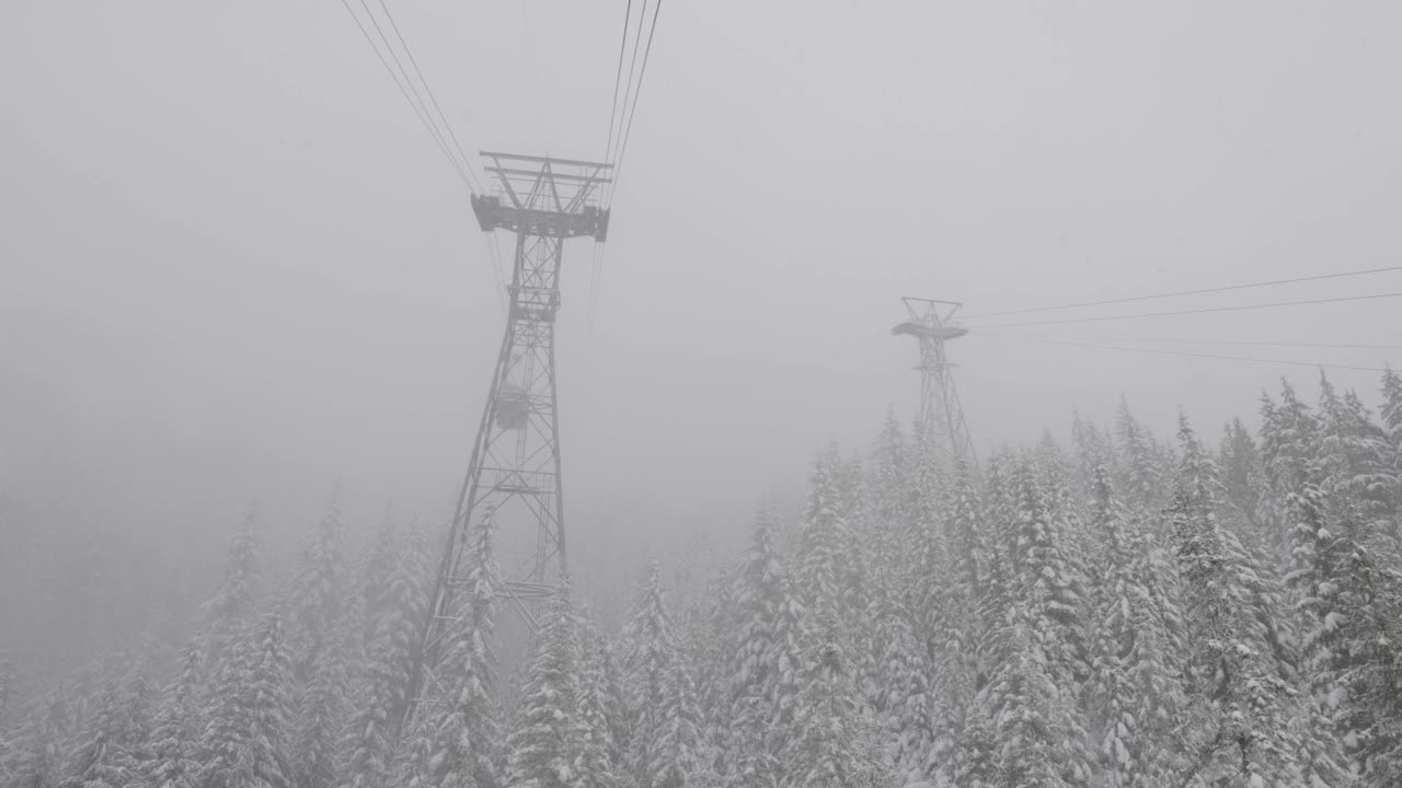 鸟瞰缆车塔，俯瞰白雪覆盖的常青树和岩石峭壁视频素材