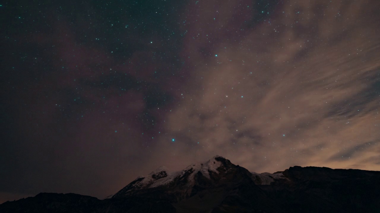 厄瓜多尔卡扬贝，时间流逝——夜晚的火山顶部，星星在山的后面视频下载