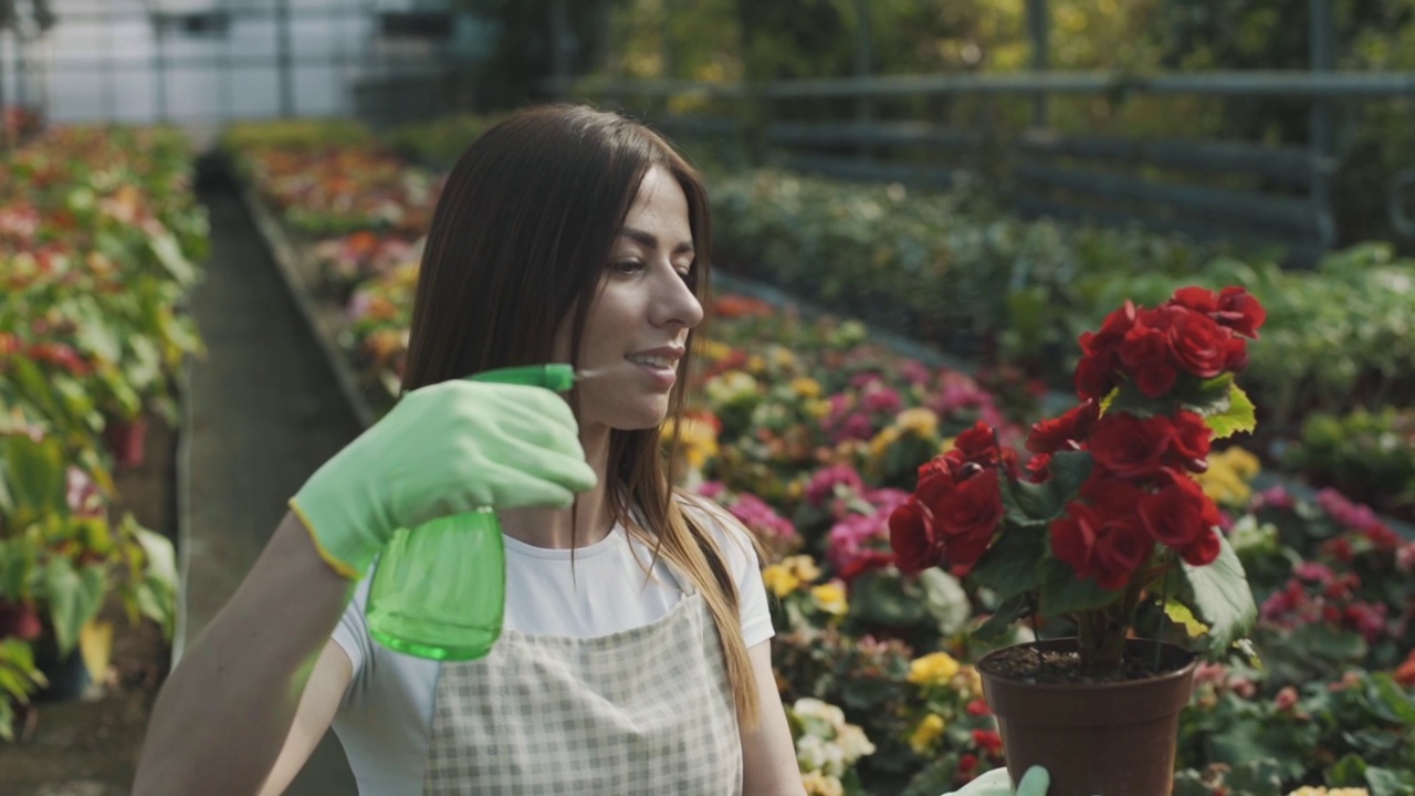 女孩在花园里喷花。白人女性通过滋润植物来照顾它们。园艺的慢动作视频视频素材