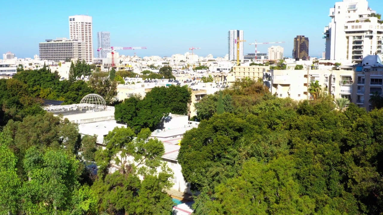 空中拍摄的白色建筑在城市对晴朗的天空，无人机飞行在绿色的树向上-特拉维夫，以色列视频素材