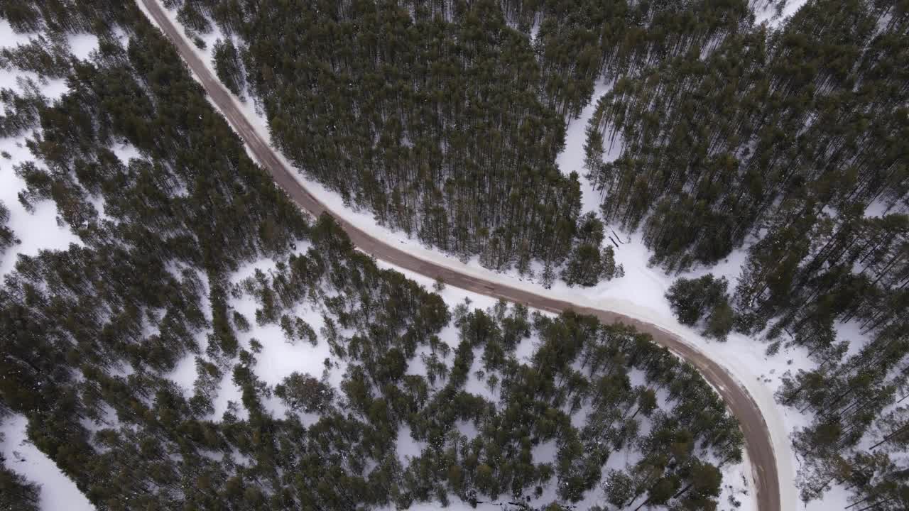 冬季景观中蜿蜒的道路。从无人机俯瞰雪域森林中树木之间的道路。视频下载