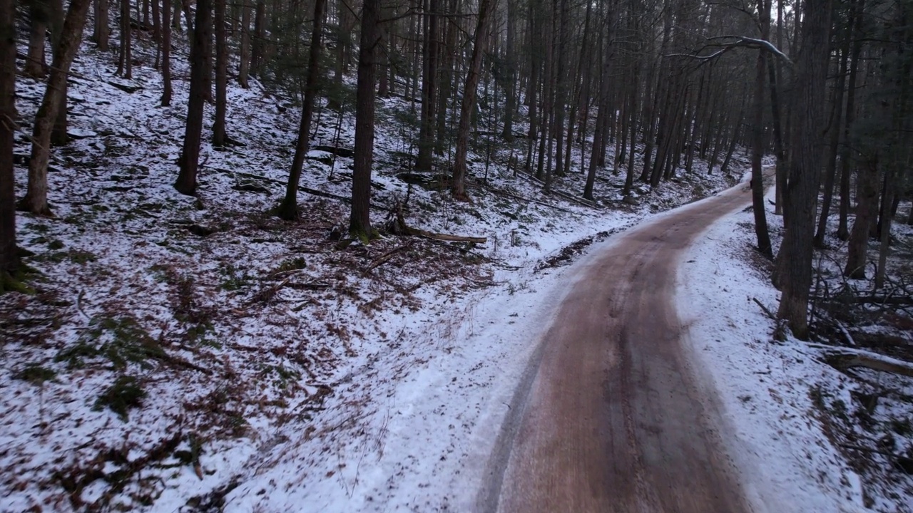 美丽的隔离土路穿过一个下雪，美丽的森林视频下载