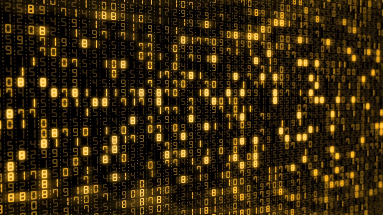 十六进制大数据数字代码运行通过黑色和蓝色的主机在未来的信息技术计算机。黄色数字变化视频素材
